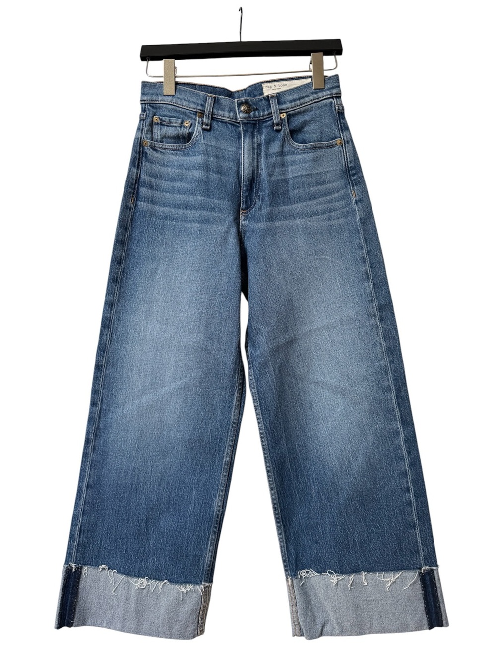 rag & bone Medium Blue Wide-Leg Cuffed Jeans